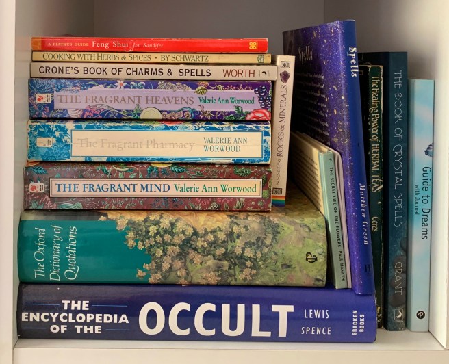 bookshelf of occult and spiritual books