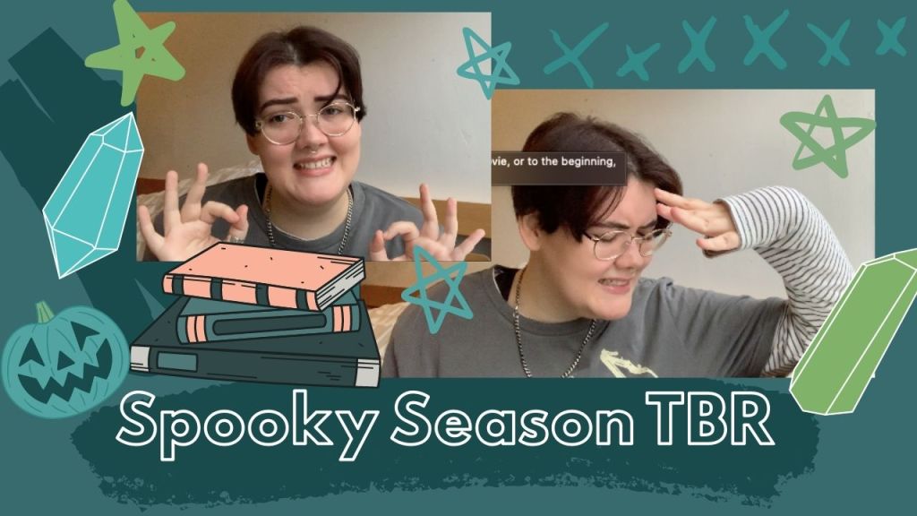 two photos of artie looking embarrassed with lots of stars and crystals and a pumpkin face and a pile of books, 'spooky season tbr' in large text