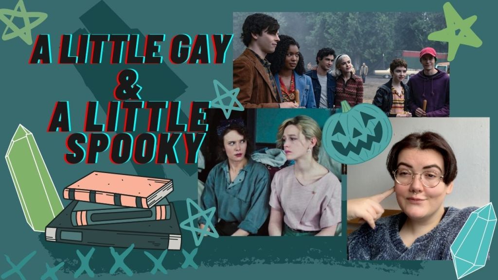 text reads: a little spooky and a little gay. screenshot from chilling adventures of sabrina, screenshot from the haunting of bly manor, image or artie looking smug. a cartoon stack of books, a cartoon crystal, cartoon turquoise jack'o'lantern. on a dark turquoise background.