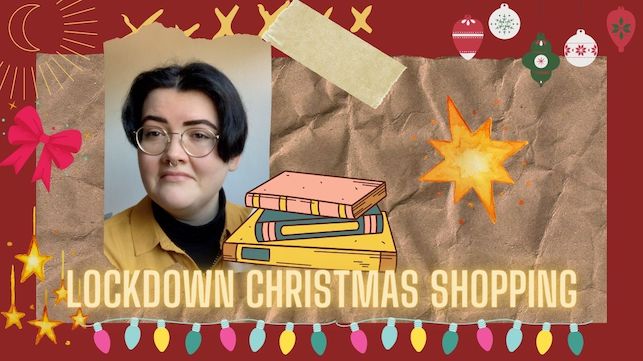 photo of artie smiling, a cartoon stack of books, on a read and brown background, christmas decorations, text reads: lockdown christmas shopping