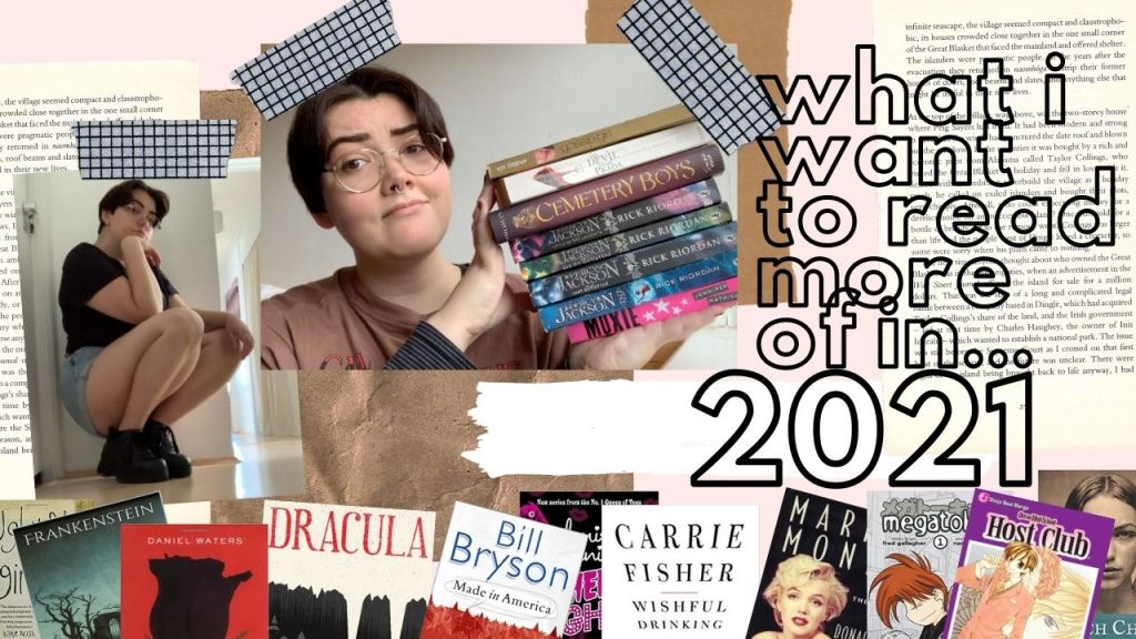 text reads: what i want to read more of in 2021, picture of artie holding a stack of books on the left, and a photo of artie crouching. book covers lining the bottom of the image. on pink and brown collage background.