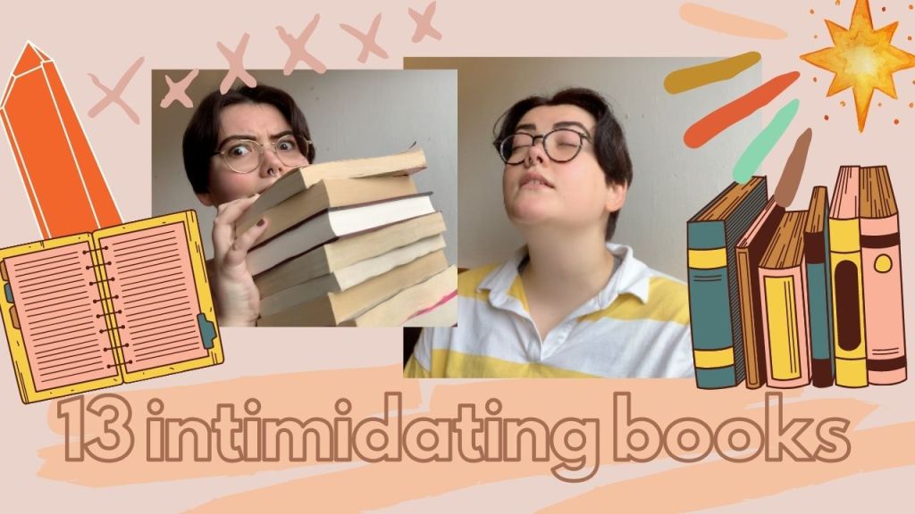 teo images of artie in the centre, left they are holding a stack og books, right they are looking tired. left is an open notebook drawing, right is a shelf of cartoon books. text reads: 13 intimidating books. on peach background.