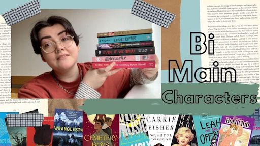 text reads: bi main characters. image of artie holding a stack of books on the left. a line of book covers along the bottom. on a green and brown collage background.