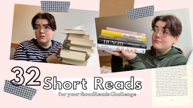 two photos of artie holding stacks of books on pink background, text reads: 32 short reads for your goodreads challenge
