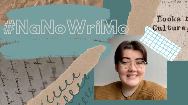 image of artie smiling, on a collage green and brown background, text reads: #NaNoWriMo