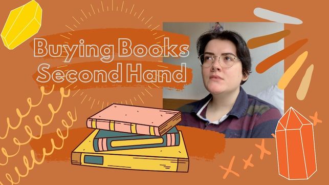 image of artie on an orange background, a cartoon pile of books, text reads: guying books second hand