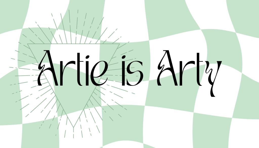 the artie is arty business card design. the background is a wiggly white and light green grid. Artie is arty is in the centre in black with some fancy styling on the A letters. and a triangle sits under artie with lines around it in a slightly darker green.